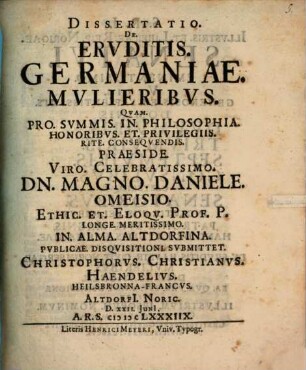 Dissertatio. De. Ervditis. Germaniae. Mvlieribus