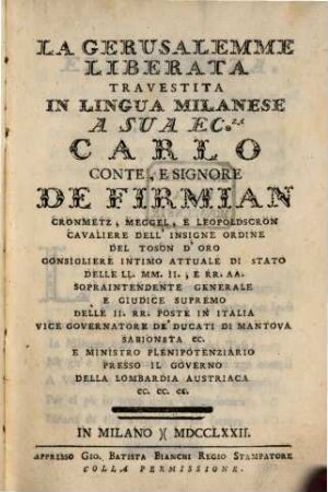 La Gerusalemme Liberata Del Sig. Torquato Tasso, 1