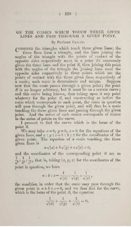 On the conics which touch three given lines and pass through a given point.