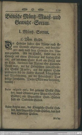 Biblische Müntz-Maaß- und Gewicht-Sorten