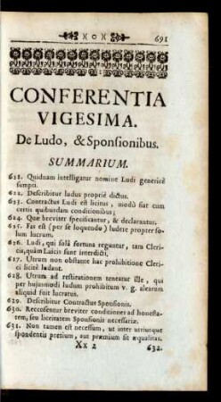 Conferentia Vigesima. De Ludo, & Sponsionibus