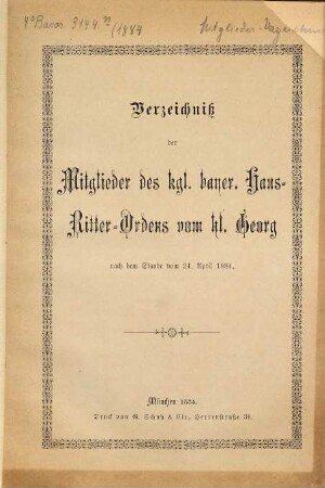 Verzeichnis der Mitglieder des Kgl. Bayerischen Haus-Ritter-Ordens vom Hl. Georg. 1884, 24. Apr.