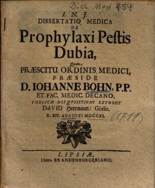 Dissertatio Medica De Prophylaxi Pestis Dubia