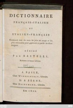 Dictionnaire Français-Italien Et Italien-Français : Contenant tous les mots les plus en usage et les plus nécessaires pour apprendre à parler les deux langues