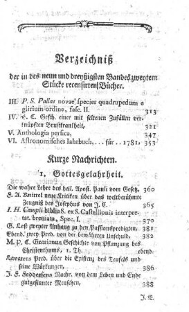 Verzeichniß der in des neun und dreyßigsten Bandes zweytem Stücke recensirten Bücher.