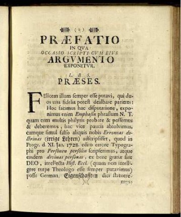 Præfatio In Qua Occasio Scripti Cum Eius Argumento Exponitur.