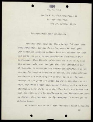 Nr. 1: Brief von Carl Heinrich Becker an David Hilbert, Berlin, 10.10.1918