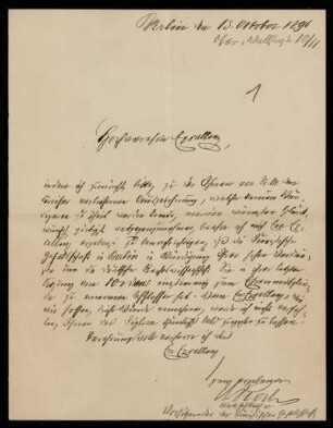 Brief und Visitenkarte von Gottlieb Planck an Richard Koch, Berlin, 13.10.1896