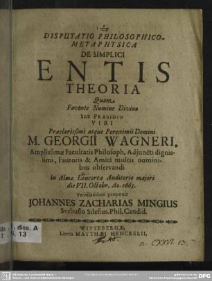 Disputatio philosophico-metaphysica de simplici entis theoria