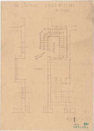 Fischer, Theodor; Würzburg, Münsterplatz; Sparkasse - Mittelbau 1. OG (Grundriss, Teilgrundriss)