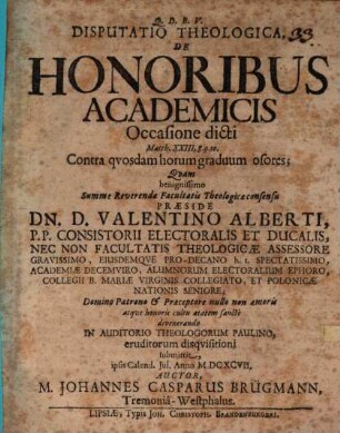 Disputatio Theologica, De Honoribus Academicis : Occasione dicti Matth. XXIII,8. 9. 10. Contra quosdam horum graduum osores