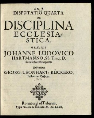 Disputatio Quarta De Disciplina Ecclesiastica.