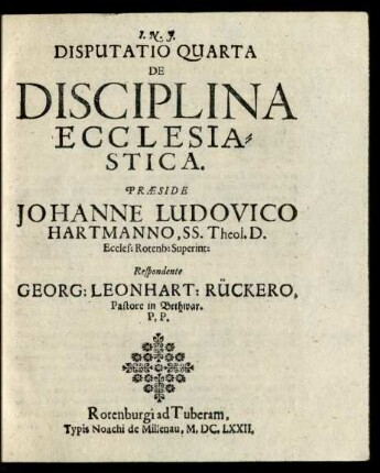 Disputatio Quarta De Disciplina Ecclesiastica.