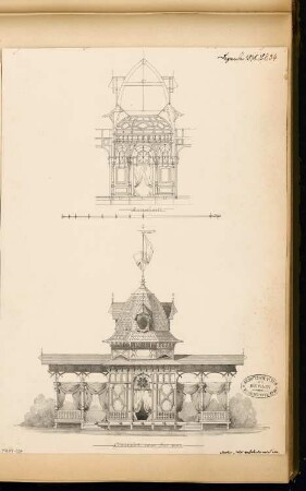Badeanlage Monatskonkurrenz Dezember 1878: Aufriss Seeansicht, Querschnitt; Maßstabsleiste