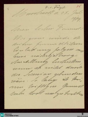 Brief von Heinrich von Zügel an Friedrich Kallmorgen vom 25.07.1909 - K 2663, 75