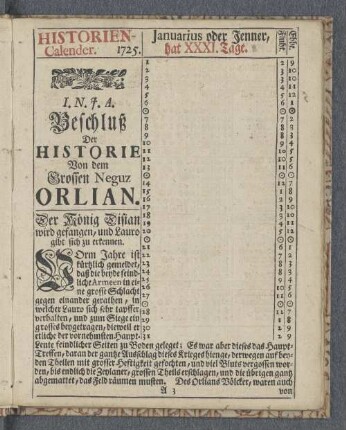 Historien Calender 1725