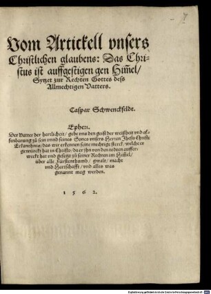 Vom Artickell unsers Christlichen glaubens: das Christus ist auff gestiegen gen Himmel