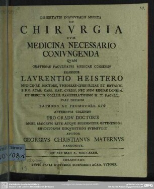 Dissertatio Inauguralis Medica De Chirurgia : Cum Medicina Necessario Coniungenda