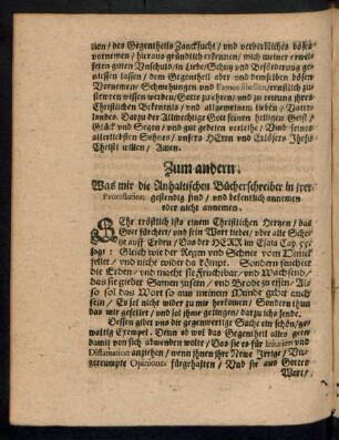 Zum andern. Was mir die Anhaltischen Bücherschreiber in irer Protestation gestendig sind/ und bekentlich annemen oder nicht annemen.