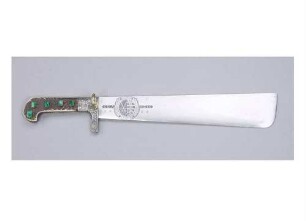 Weidmesser / Garnitur bestehend aus Hirschfänger mit Scheide, Weidmesser mit Scheide, Jägerhorn, Schwedler, Pulverflasche, Hundehalsband und Leibgürtel