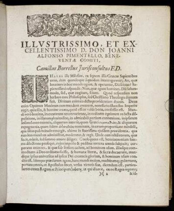 Illustrissimo, Et Excellentissimo D. Don Joanni Alfonso Pimentello, Beneventæ Comiti [...]