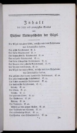 Inhalt des sechs und zwanzigsten Bandes von Buffons Naturgeschichte der Vögel.