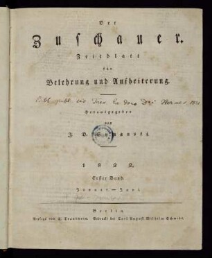 1822,1-2=Nr.1-156: Der Zuschauer : Zeitblatt für Belehrung und Aufheiterung