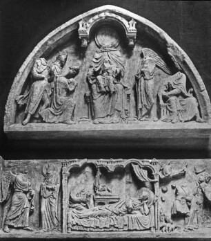Laon, Kathedrale Notre-Dame, Westfassade, Nord-Portal, Tympanon: Anbetung der Hl. Drei Könige, Verkündigung Mariä, Geburt Christi, Verk. Hirten