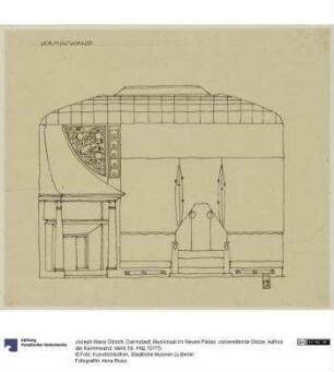 Darmstadt, Musiksaal im Neuen Palais, vorbereitende Skizze, Aufriss der Kaminwand