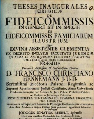 Theses inaugurales juridicae de fideicommissis in genere et in specie de fideicommissis familiarum illustrium