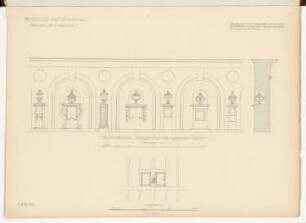 Urnenhalle Monatskonkurrenz Dezember 1913: Lageplan 1:1000; Aufriss (Ausschnitt) einer Innenwand der Bogengänge mit Vertikalschnitt 1:20; 2 Maßstabsleisten