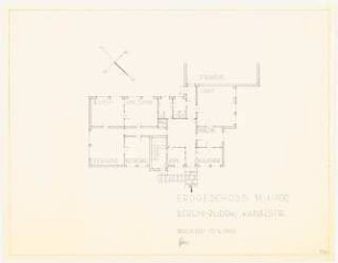 Büro- und Wohngebäude mit Fabrikationshalle der Transatlantic K.G. H. Bernhardt u. CO., Berlin-Rudow, auf dem Gelände Berlin-Rudow, Kanalstraße 76, 78: Grundriss Erdgeschoss 1:100