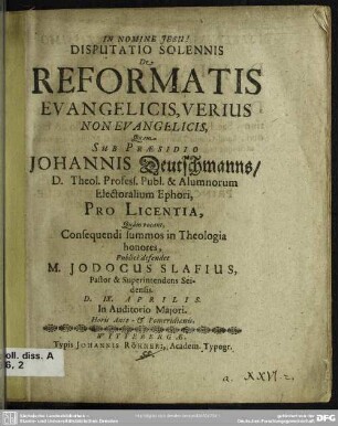 Disputatio solennis de reformatis evangelicis, verius non evangelicis