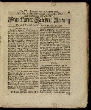 No. XI. Freytags den 10 Augusti 1736 - No. XX. Dienstags den 11 Sept. 1736