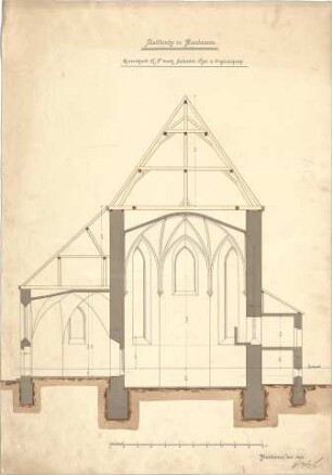 Dolmetsch, Heinrich; Blaubeuren; Ev. Stadtkirche, Restaurierung - Alter Zustand - Sakristei, Chor u. Orgelaufgang (Querschnitt)