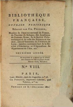 Bibliothèque française : ouvrage périodique. 2. 1801, 8 = Dez.