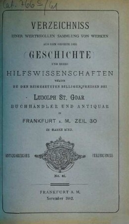 Antiquarisches Verzeichniss. 61. 1882
