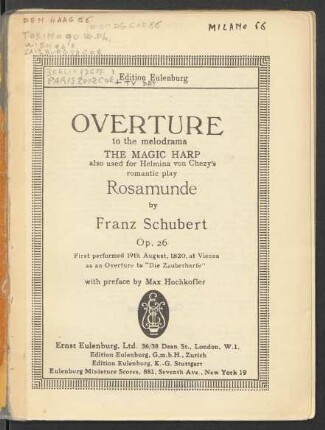 Overture to the melodrama The magic harp : also used for Helmina von Chezy's romantic play Rosamunde : op. 26