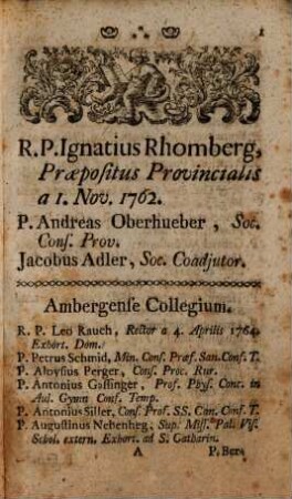 Catalogus personarum et officiorum Provinciae Germaniae Superioris Societatis Jesu. 1765