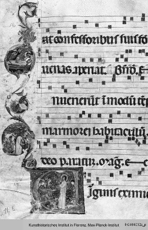Antiphonar H : Blatt mit Verurteilung, Enthauptung und Beisetzung der heiligen Katharina von Alexandrien