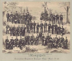 Gesamtaufnahme der 1. Kompanie des Regiments, in drei Reihen stehend oder sitzend vor aquarelliertem Hintergrund