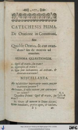 Catechesis Prima. De Oratione in Communi.