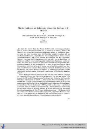 Martin Heidegger als Rektor der Universität Freiburg i. Br. 1933/34. I. Die Übernahme des Rektorats der Universität Freiburg durch Martin Heidegger im April 1933.
