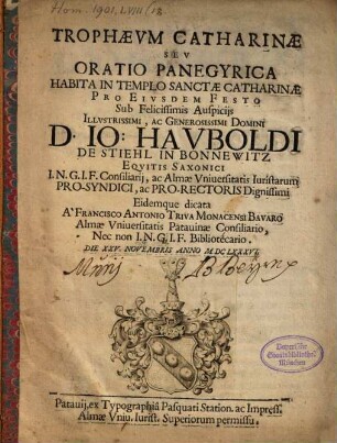 Trophaeum Catharinae, s. Oratio panegyrica habita in Templo S. Catharinae pro eiusdem festo