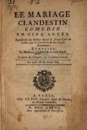 Le mariage clandestin : comédie en cinq actes