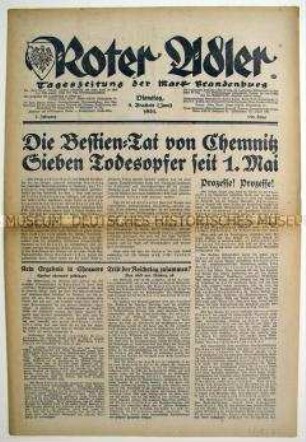 Regionale NSDAP-Tageszeitung "Roter Adler" zu Straßenkämpfen zwischen Nazis und Kommunisten in Chemnitz