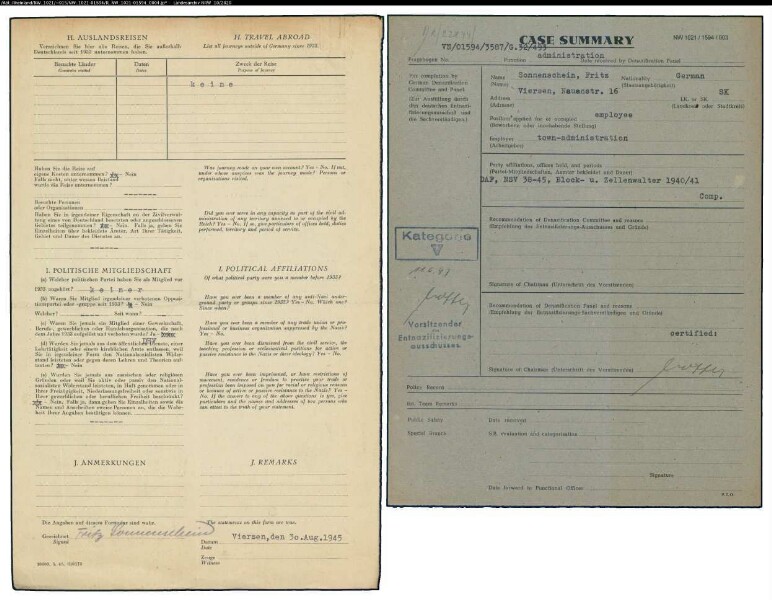Entnazifizierung Fritz Sonnenschein , geb. 19.11.1902 (Kaufm.angest.)