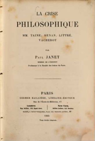 La crise philosophique : MM. Taine, Renan, Littré, Vacherot