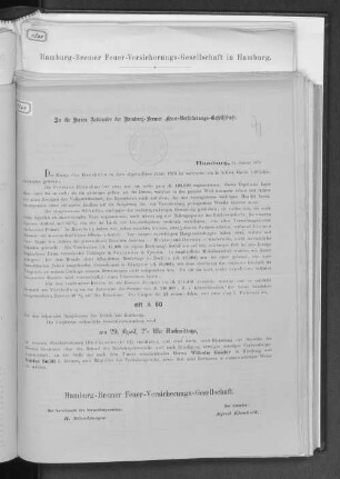 An die Herren Actionaire der Hamburg-Bremer Feuer-Versicherungs-Gesellschaft.