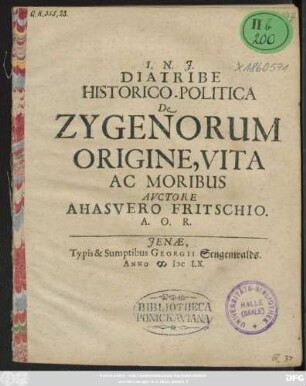 Diatribe Historico-Politica De Zygenorum Origine, Vita Ac Moribus